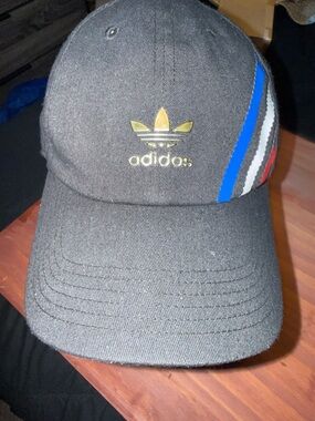 Adidas Black Trucker Cap with Gold Trefoil and Multicolor Stripes